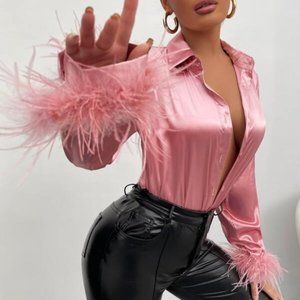 Feather Cuff Detailed Button Down Top  Pink